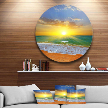 Dramatic Seashore Sky in Yellow - Sea & Shore Round Metal Wall Art